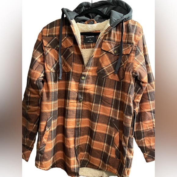 Men’s Rugged Outdoorsman Sherpa Lined Hooded Plaid Shirt Jacket Shacket Size M - Picture 2 of 7